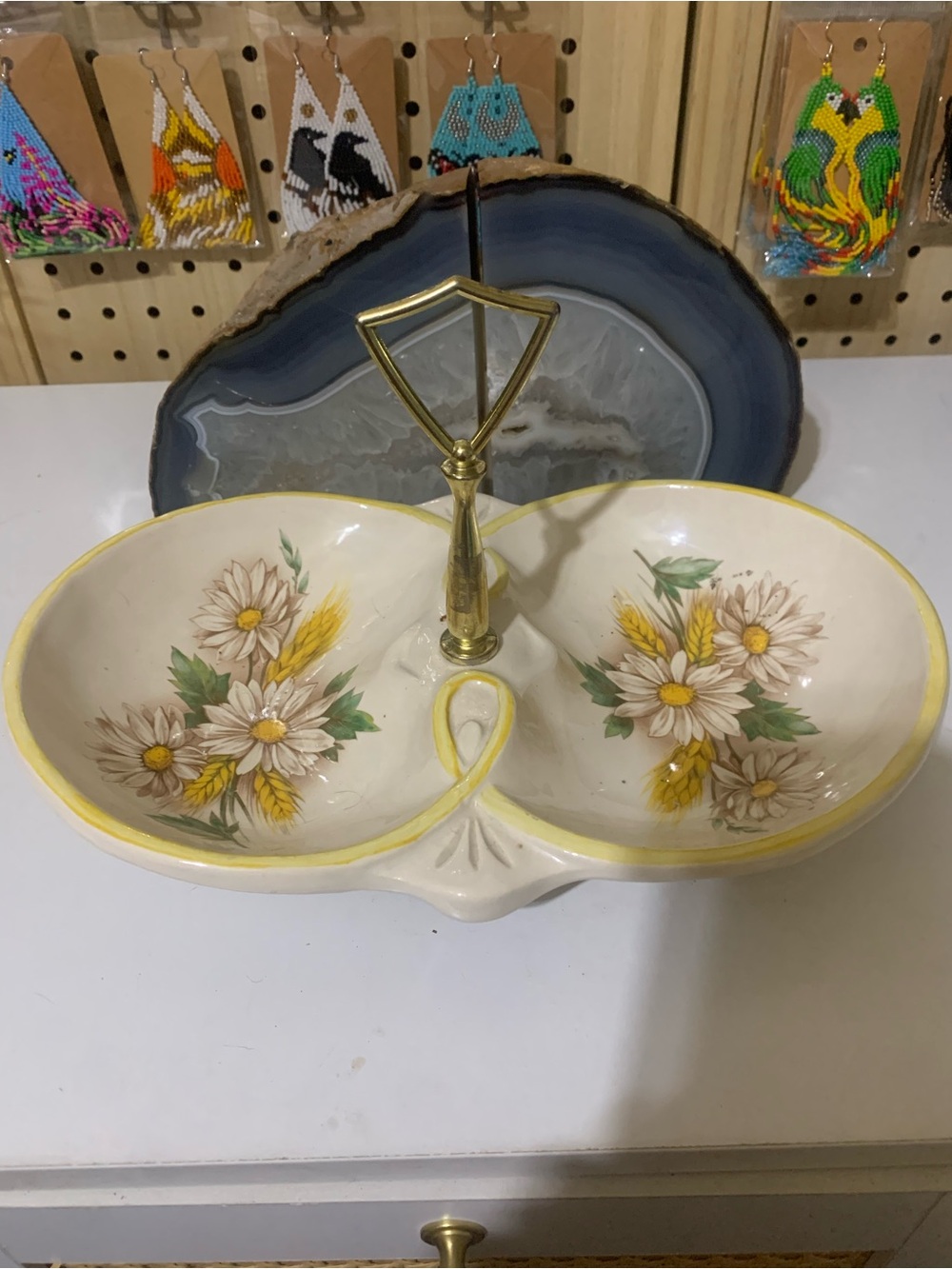 American Vintage Daisy Double Serving Dish with Brass Handle - Yellow